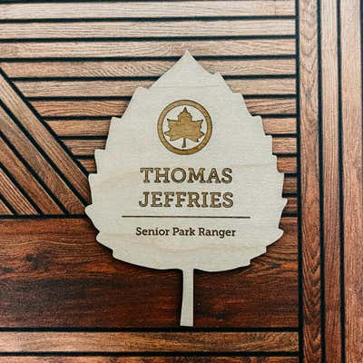 Wood Engraved Leaf Shaped Name Tag - alternate view