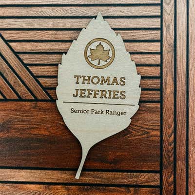Wood Engraved Skinny Leaf Shaped Name Tag - alternate view
