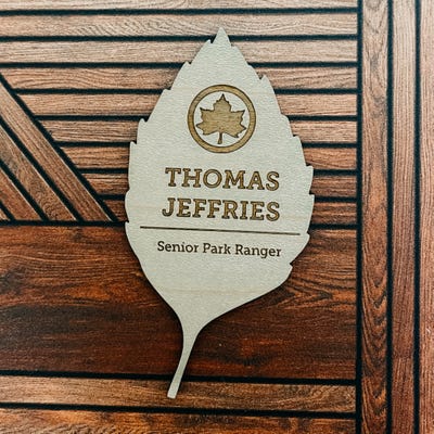 Wood Engraved Skinny Leaf Shaped Name Tag - alternate view