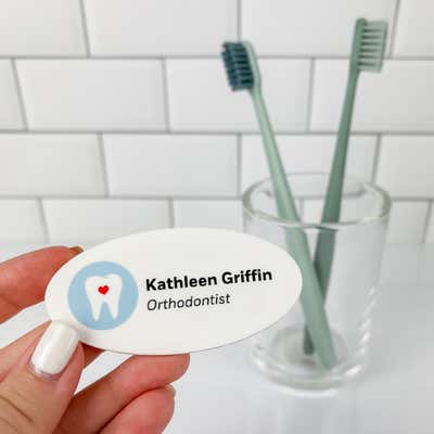 Heart in Tooth White Oval Dentist Name Tag - alternate view