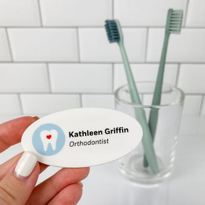 Heart in Tooth White Oval Dentist Name Tag - alternate view