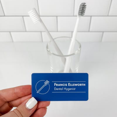Blue Toothbrush in Circle Dentist Name Tag - alternate view