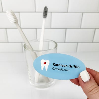 Heart in Tooth Blue Oval Dentist Name Tag - alternate view