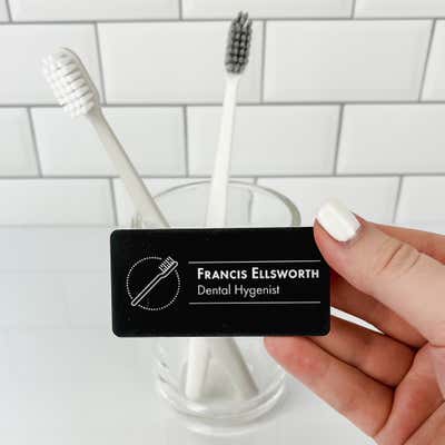 Black Toothbrush in Circle Dentist Name Tag - alternate view