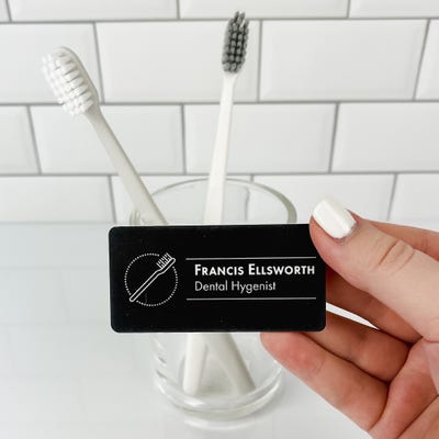 Black Toothbrush in Circle Dentist Name Tag - alternate view