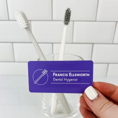 Violet Toothbrush in Circle Dentist Name Tag - alternate view
