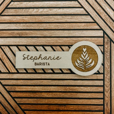 Wood Engraved Barista Name Tag - alternate view