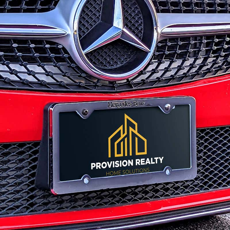 Upload Your Logo Custom Front License Plate on Red Car at an Angle