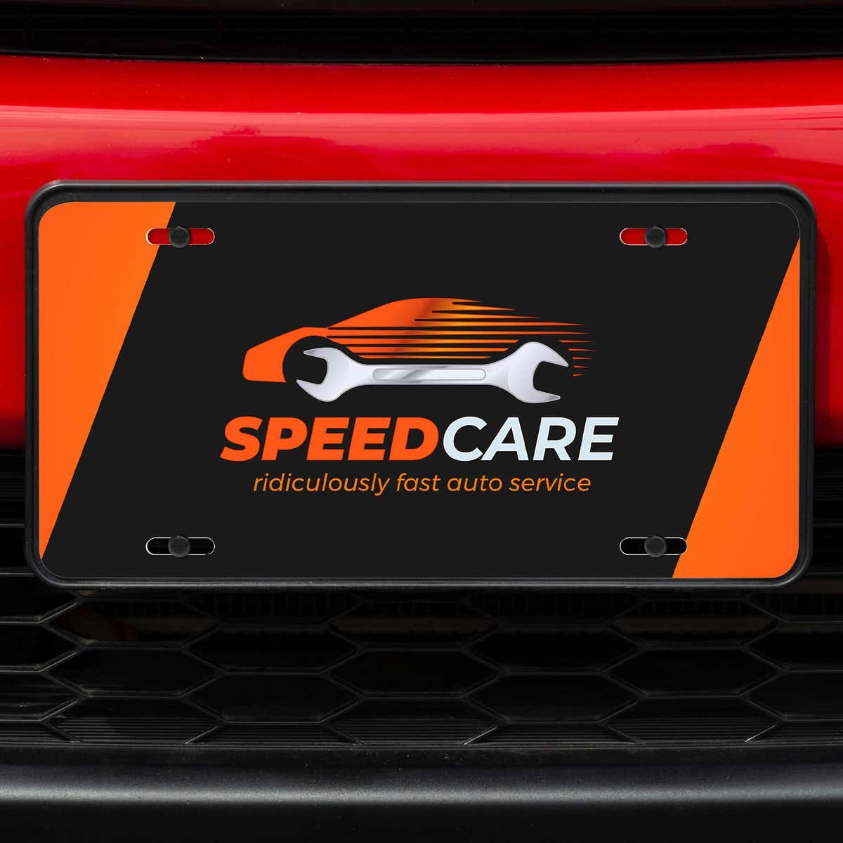 Upload Your Logo Custom Front License Plate on Red Car