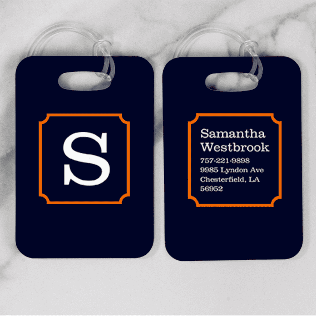 Navy with Orange Frame Monogram Luggage Tag