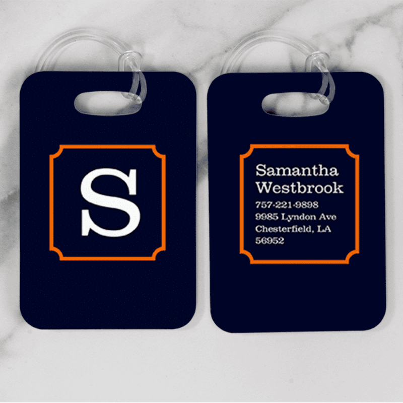 Navy with Orange Frame Monogram Luggage Tag