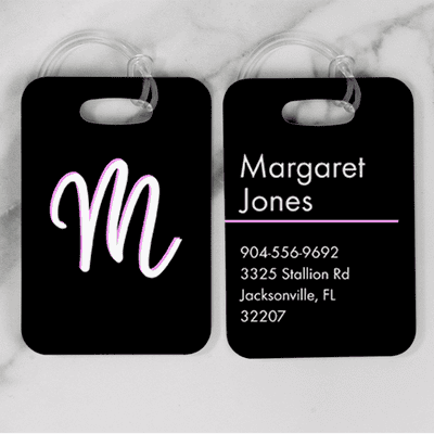 Pink and White Shadowed Text Monogram Luggage Tag - alternate view