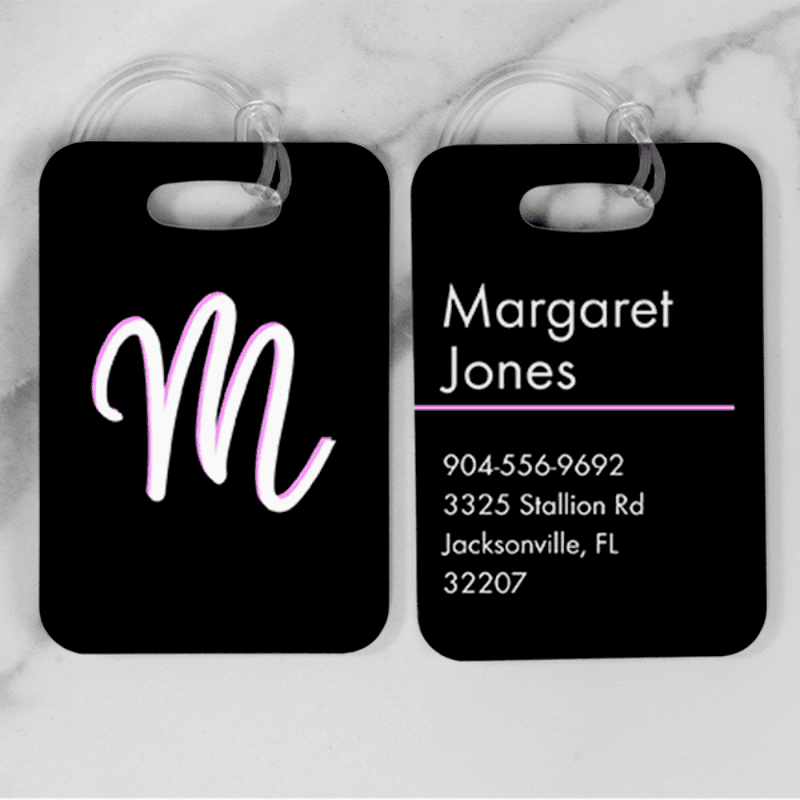 Pink and White Shadowed Text Monogram Luggage Tag