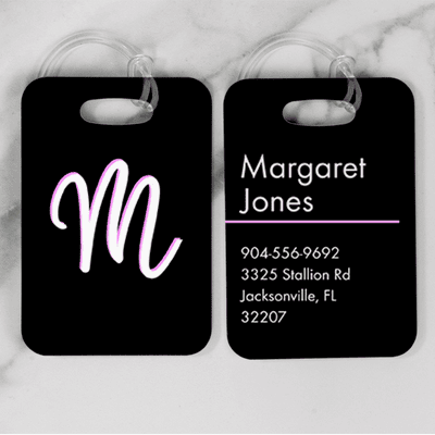 Pink and White Shadowed Text Monogram Luggage Tag - alternate view