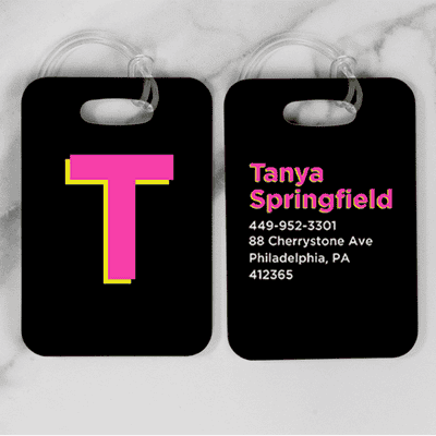 Pink and Yellow Shadowed Text Monogram Luggage Tag - alternate view