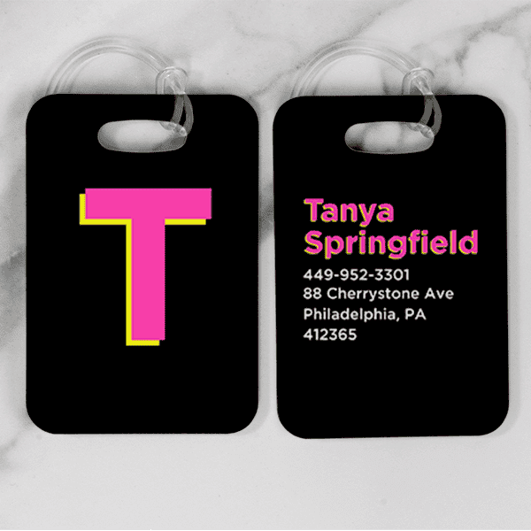Pink and Yellow Shadowed Text Monogram Luggage Tag
