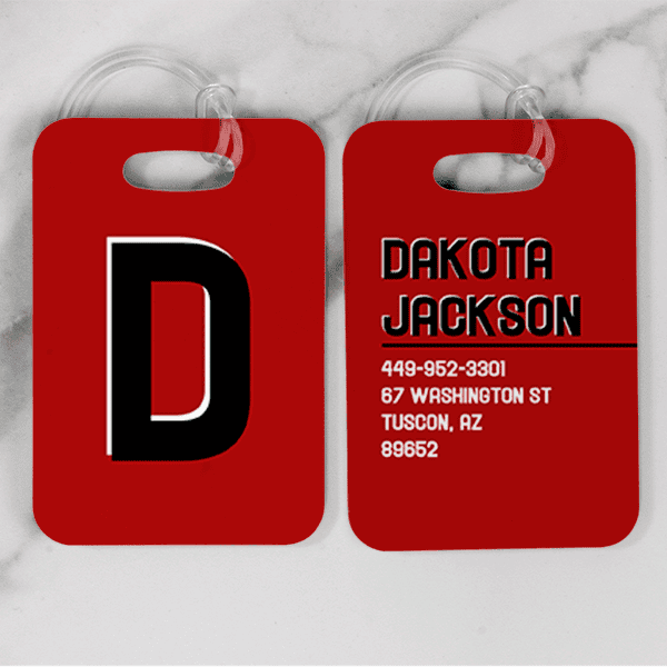 Red Black and White Shadowed Text Monogram Luggage Tag