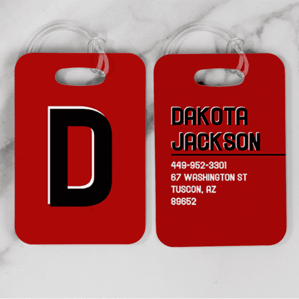 Red Black and White Shadowed Text Monogram Luggage Tag