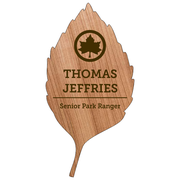 Wood Engraved Skinny Leaf Shaped Name Tag