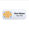 White 1.25x3 inch name tag displaying a sample template with full-color logo on a white background