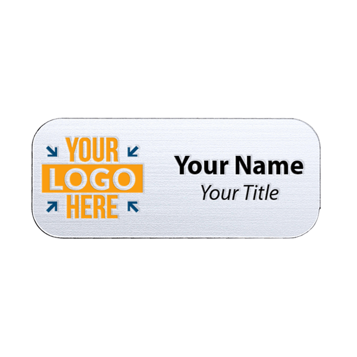 White 1.25x3 inch name tag displaying a sample template with full-color logo on a white background