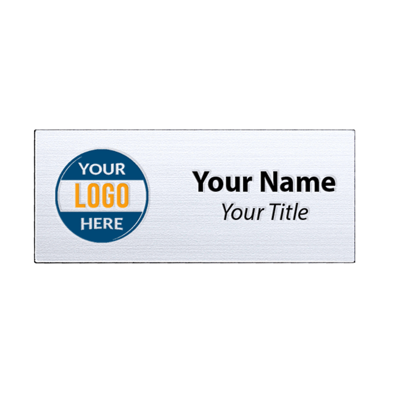 Custom silver 1x3 inch name tag - sample template on a white background