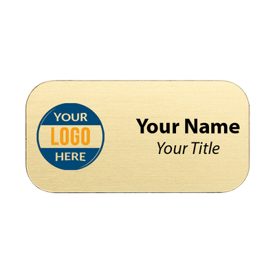 Beige-yellow name tag showing a sample template with a full-color logo on a white background