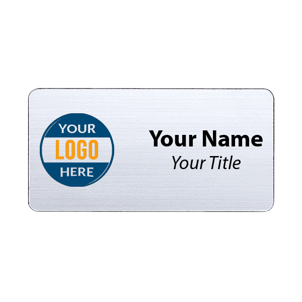 Custom silver 1.5x3 inch name tag - sample template on a white background