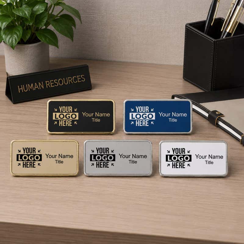 1.5x3 executive engraved name badge with gold beveled frame showing magnetic backing attachment — custom name tag for corporate and HR teams