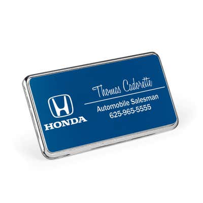 1.5x3 executive engraved name badge with silver beveled frame and rounded corners — custom name tag