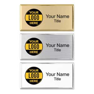 Full color executive name badges in gold, silver, and white beveled frames