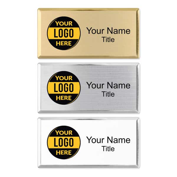 Full color executive name badges in gold, silver, and white beveled frames