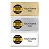Full color executive name badges in gold, silver, and white beveled frames