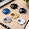 1.75x2.5 oval custom name badges in six color options — engraved beveled frame name badges on desk