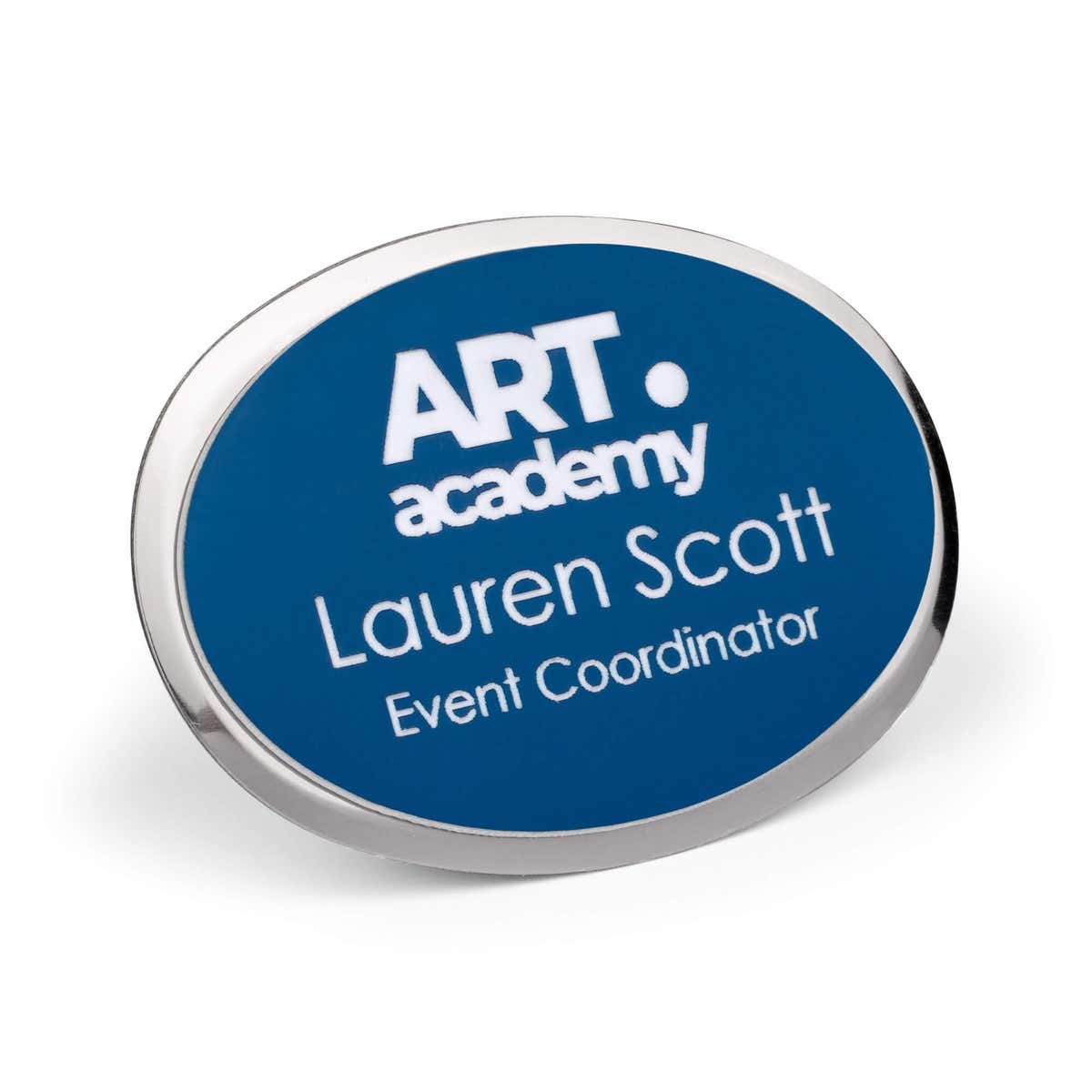 1.75x2.5 oval engraved name badge with silver beveled frame