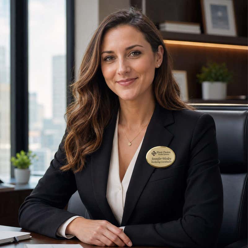 Oval custom name badge with silver frame worn on jacket — engraved name badge for events and corporate staff
