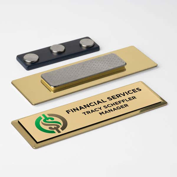 1x3 full color executive name badge gold frame with magnetic backing 