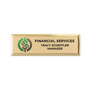 Gold name tag example with a logo, name and title