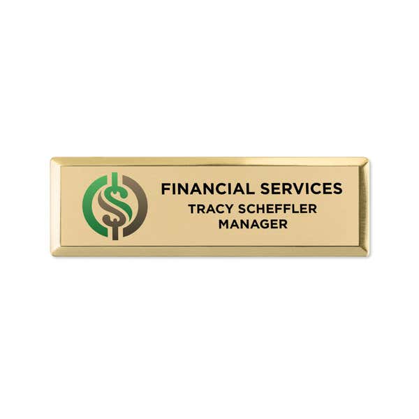 Gold name tag example with a logo, name and title