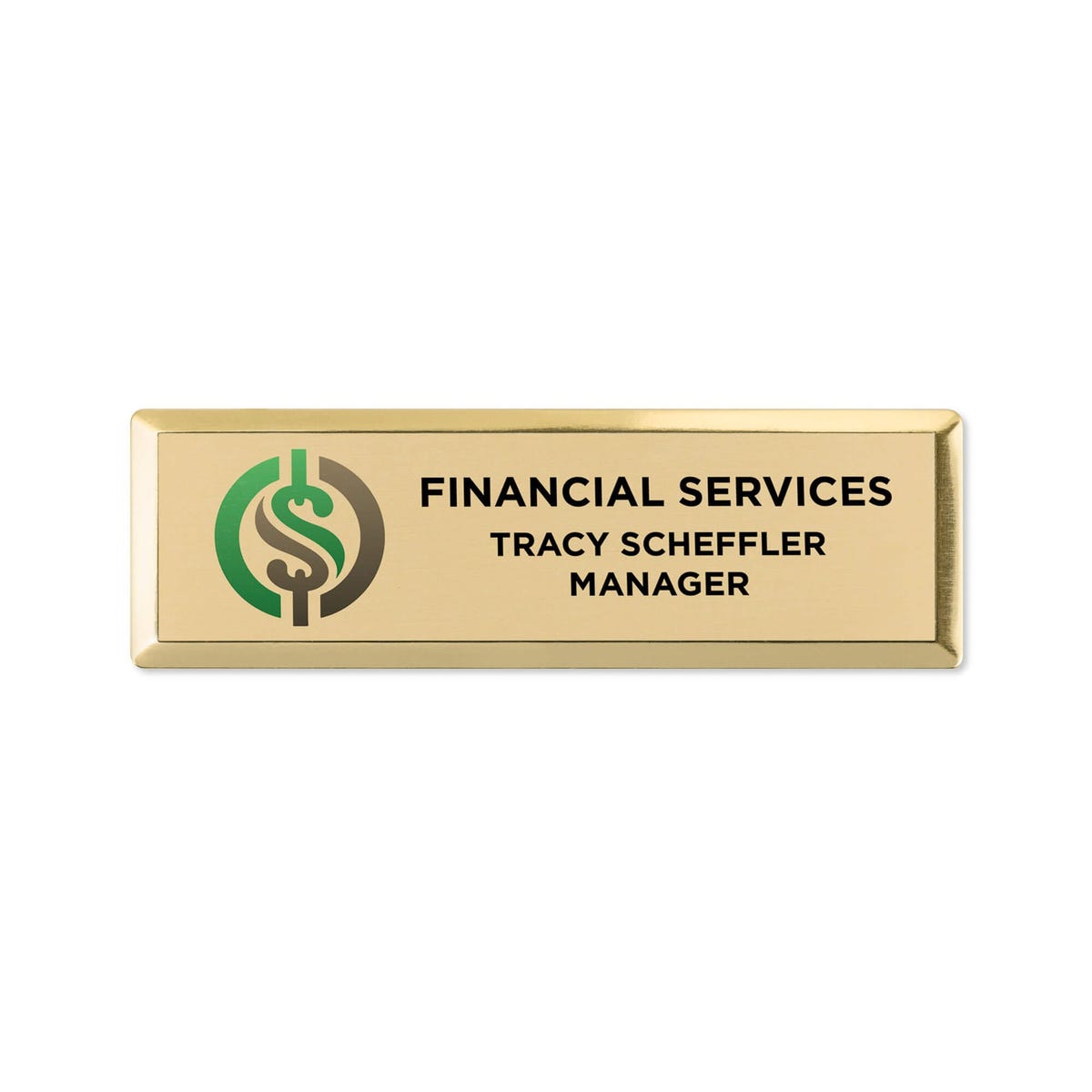 Gold name tag example with a logo, name and title