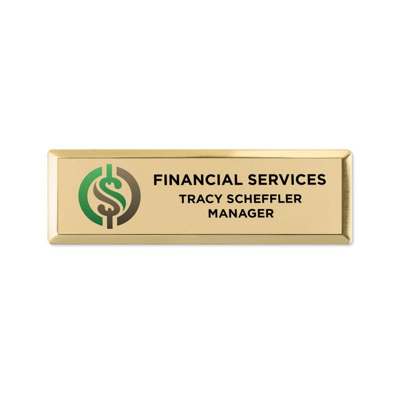 Gold name tag example with a logo, name and title