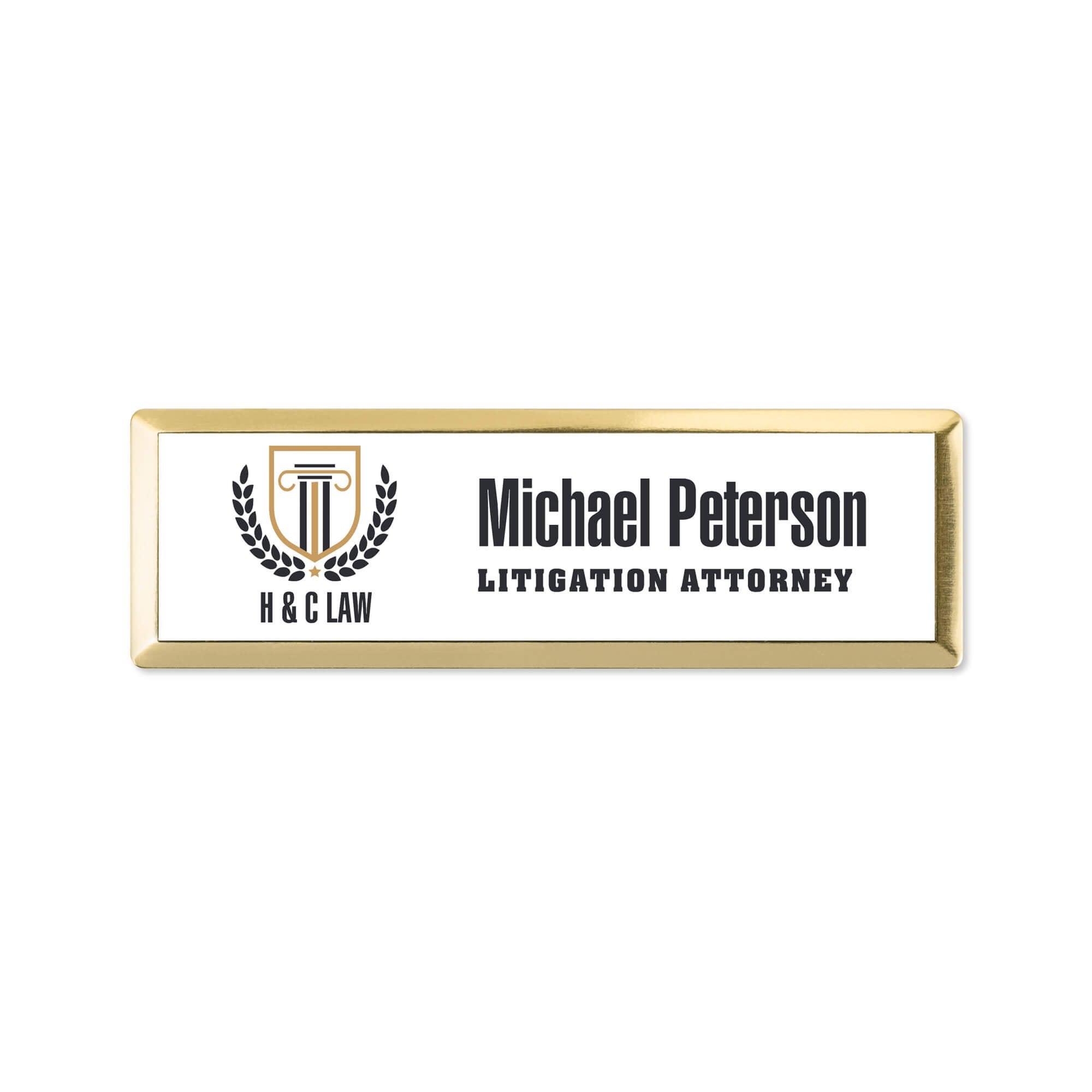 White Uv printed name tag with a gold metal frame