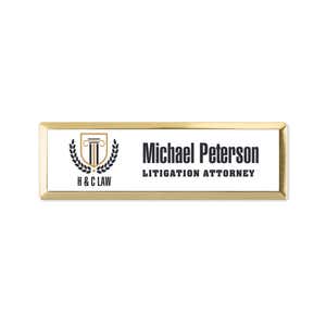 White Uv printed name tag with a gold metal frame