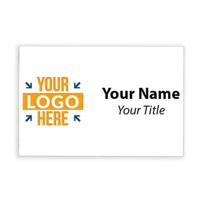 White 2x3 inch name tag displaying a sample template with full-color logo on a white background