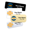 Sampling of 4 name tags in various sizes, colors, and corners