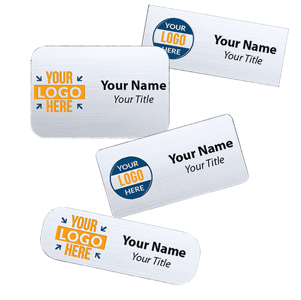 Custom silver name tags - sample templates in 4 sizes on a white background