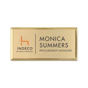 1.5x3 beveled gold name badge with full color logo — custom engraved name badge for business