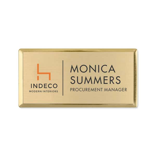 1.5x3 beveled gold name badge with full color logo — custom engraved name badge for business