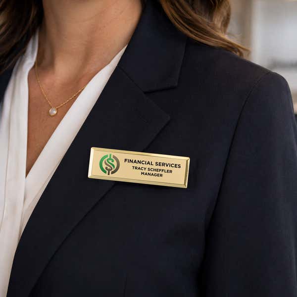 1x3 beveled gold name badge worn on blazer — custom full color name badge for corporate staff
