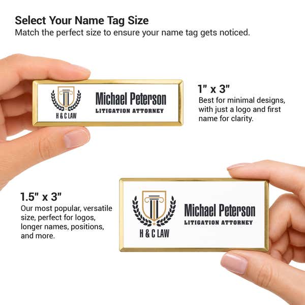 Full color name tag size guide — 1x3 and 1.5x3 inch framed badge comparison held in hand